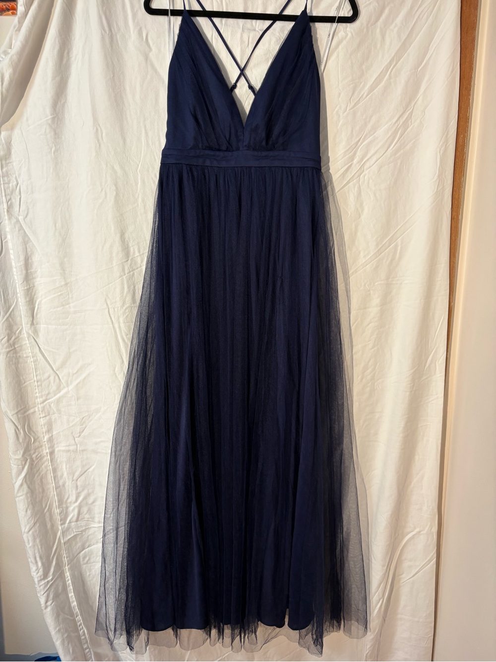 Rare Beauty Navy Blue Tulle Backless Maxi Dress